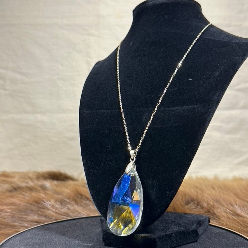 Iridescent Teardrop Crystal Pendant Necklace – 17" Chain - Picture 2 of 3